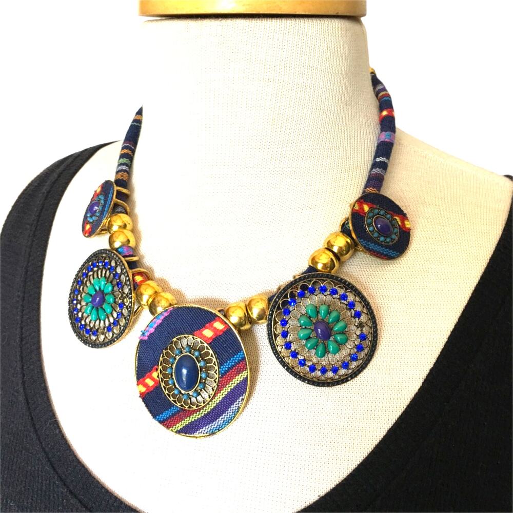 Blue green gold tone fabric and rhinestone necklace - a few rhinestones missing!